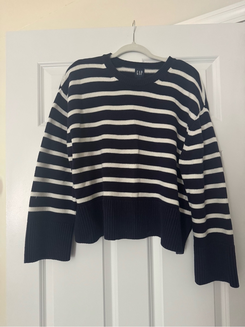 GAP Navy and White Striped Crewneck Sweater